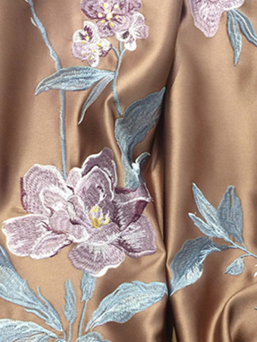 Silver Beach Embroidered Magnolia Beige Brown Faux Silk Custom Made Curtains(Color: Brown)