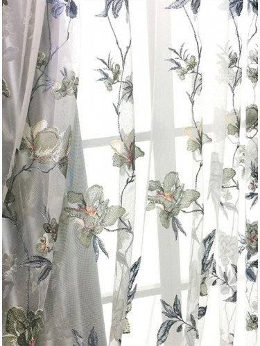 Silver Beach Embroidered Magnolia Blue Faux Silk Custom Made Curtains