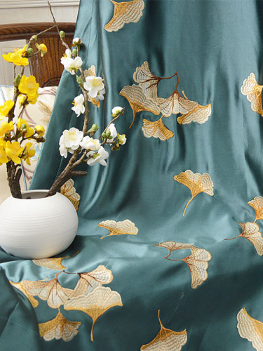 Silver Beach Embroidered Ginkgo Leaves Faux Silk Custom Made Curtains(Color: Dark green)