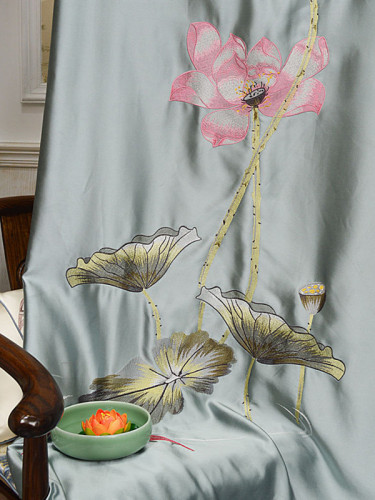 Silver Beach Embroidered Lotus Leaves Faux Silk Custom Made Curtains(Color: Aqua blue)