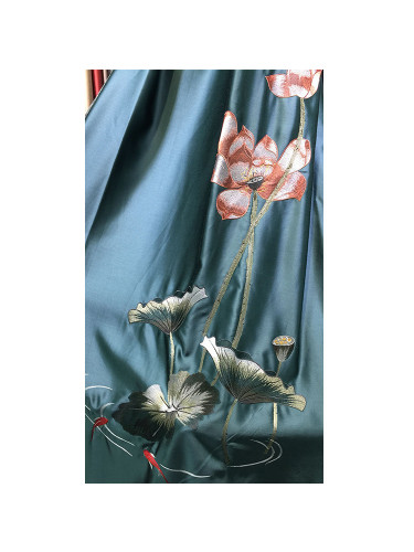 Silver Beach Embroidered Lotus Leaves Faux Silk Custom Made Curtains(Color: Dark green)