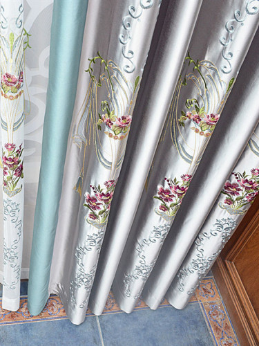 Silver Beach Embroidered Flower Faux Silk Custom Made Curtains(Color: Grey)