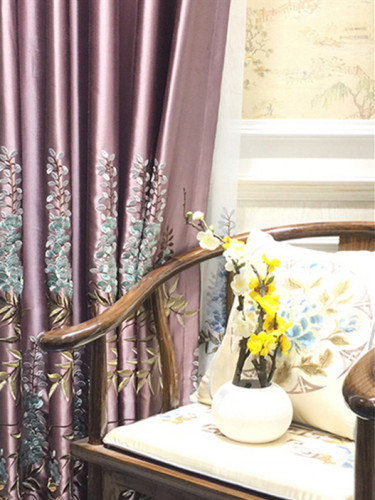 Silver Beach Embroidered Flowers And Leaves Faux Silk Custom Made Curtains
