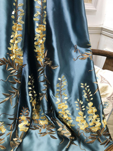Silver Beach Embroidered Flowers And Leaves Faux Silk Custom Made Curtains(Color: Blue)