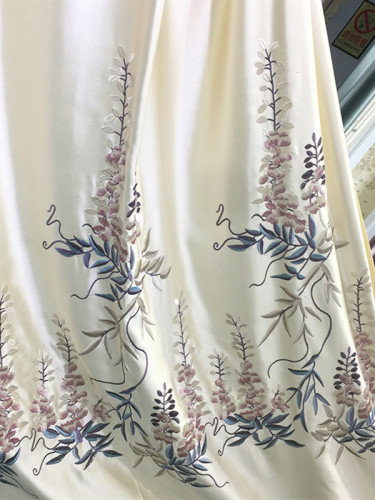 Silver Beach Embroidered Flowers And Leaves Faux Silk Custom Made Curtains(Color: Beige)