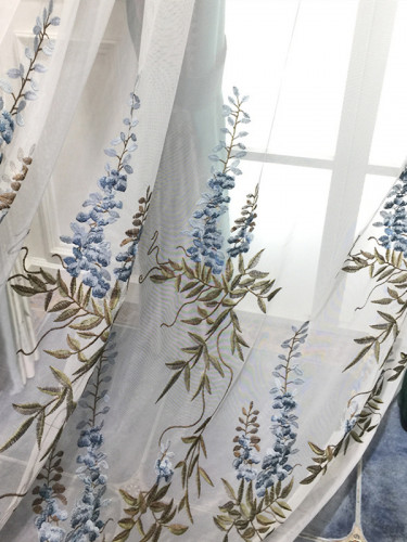 Silver Beach Embroidered Flowers And Leaves Faux Silk Custom Made Curtains(Color: Sheer A)