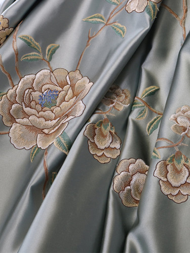 Silver Beach Embroidered Hibiscus Faux Silk Custom Made Curtains(Color: Blue grey)