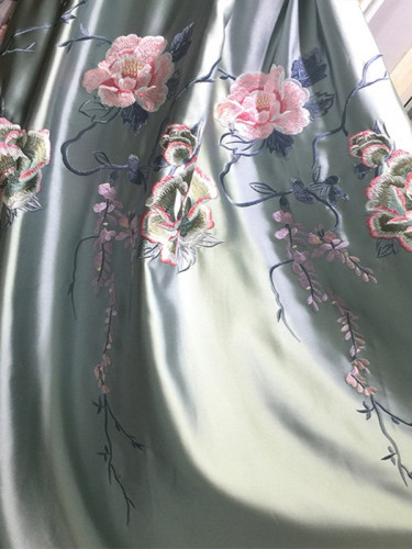 Silver Beach Luxury Embroidered Flowers Faux Silk Custom Made Curtains(Color: Aqua blue)