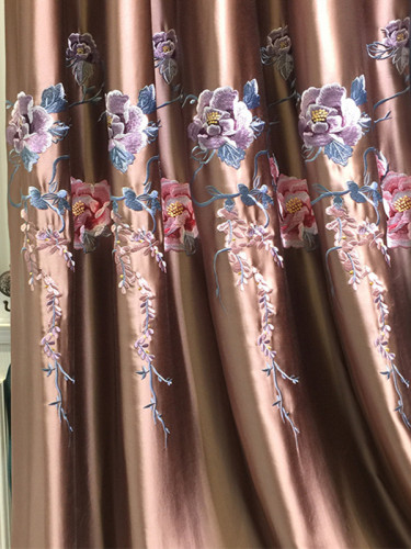 Silver Beach Luxury Embroidered Flowers Faux Silk Custom Made Curtains(Color: Coffee)