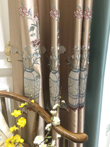 Silver Beach Embroidered Four Treasures Faux Silk Custom Made Curtains(Color: Champagne)