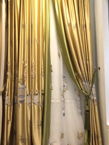 Silver Beach Embroidered Four Treasures Faux Silk Custom Made Curtains(Color: Gold)