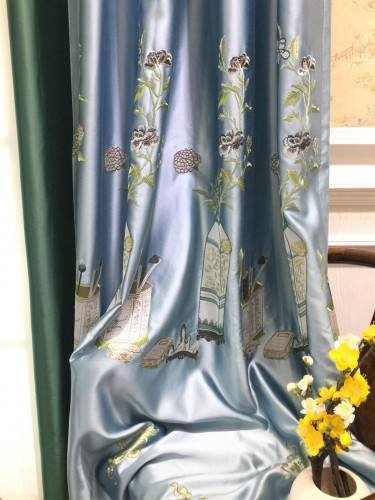 Silver Beach Embroidered Four Treasures Faux Silk Custom Made Curtains(Color: Blue)