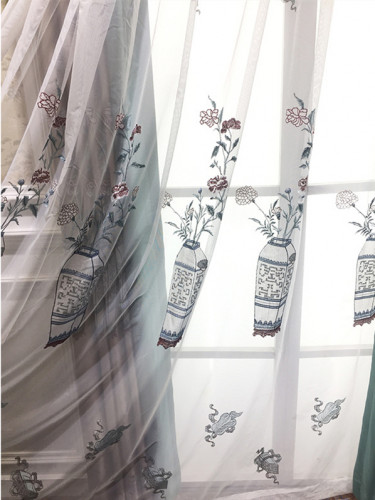 Silver Beach Embroidered Four Treasures Faux Silk Custom Made Curtains(Color: Sheer)