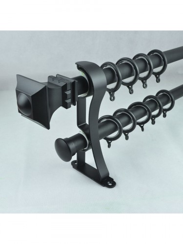 28mm Square Finial Steel Double Curtain Rod Set Custom Length Curtain Pole in Black Color