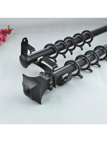28mm Square Finial Steel Double Curtain Rod Set Custom Length Curtain Pole in Black Color