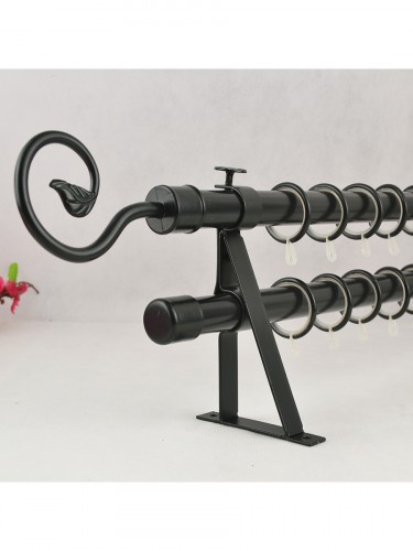 22mm Black Wrought Iron Double Curtain Rod Set with Tail Finial Curtain Pole (Color: Black)