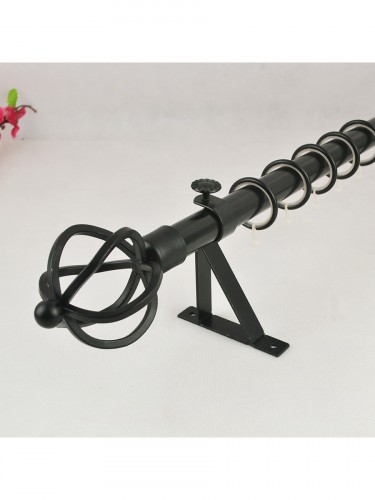 22mm Black Wrought Iron Single Curtain Rod Set with Spiral Globe Finial Pole in Black Color