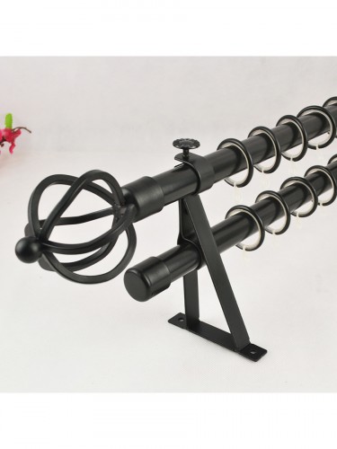22mm Black Wrought Iron Double Curtain Rod Set with Spiral Globe Finial Pole in Black Color