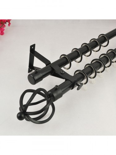 22mm Black Wrought Iron Double Curtain Rod Set with Spiral Globe Finial Pole in Black Color