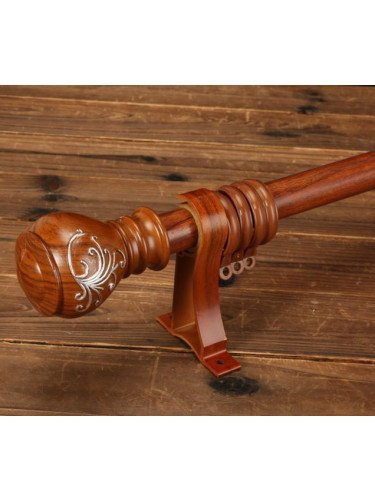 QYR88 28mm Diameter Wood Aluminum Alloy Carved Finial Single Double Curtain rod set(Color: Teak)