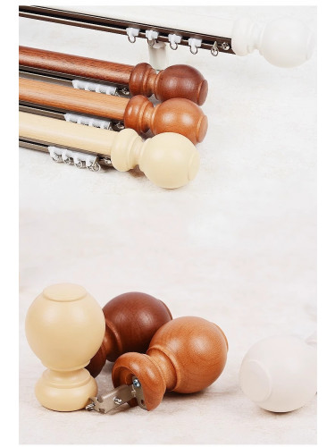 QYRF08 Fashion Wood Grain Outer Rod With Inner Track Set With Wooden Ball Finial