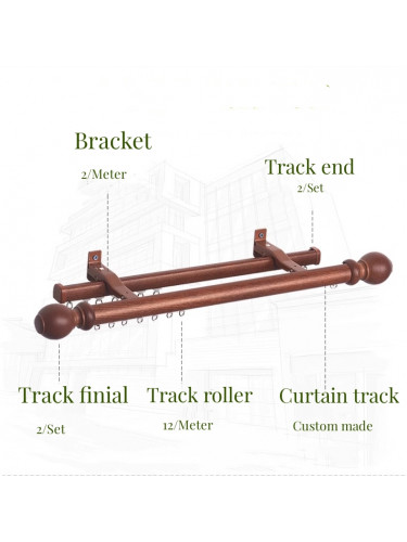 QYRF08 Fashion Wood Grain Outer Rod With Inner Track Set With Wooden Ball Finial