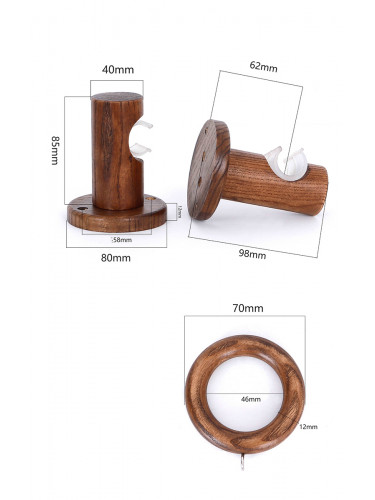 Wall Single/Double wooden curtain pole brackets Black walnut