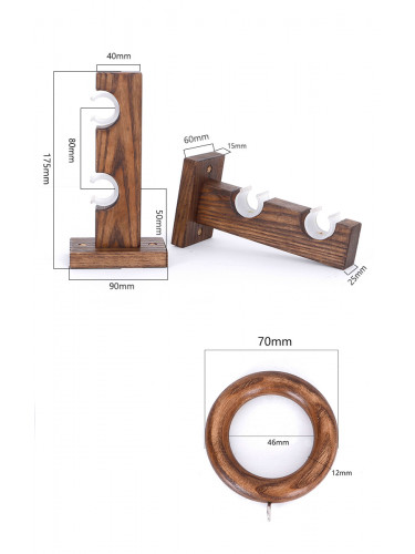 Wall Single/Double wooden curtain pole brackets Black walnut