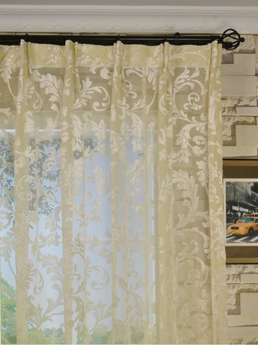Vintage Burnt-out Velvet Floral Versatile Pleat Sheer Curtains (Color: Beige)