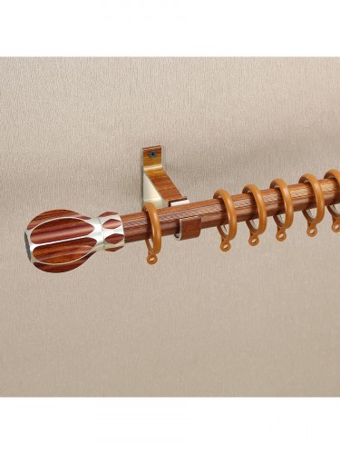 QYT2720 28mm Super Thick Wood Grain Round Single Curtain Rod Set Metal Finial Teak Color