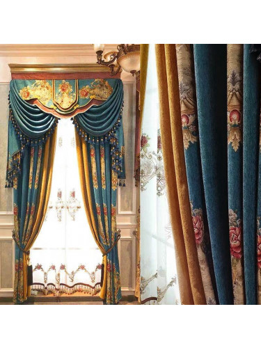 Twynam Blue Gold Waterfall and Swag Valance and Sheers Custom Made Chenille Velvet Curtains Pair(Color: Blue gold)