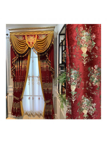 Twynam Red Waterfall and Swag Valance and Sheers Custom Made Chenille Velvet Curtains Pair