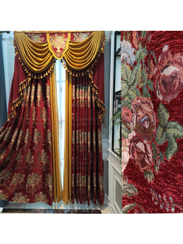 Twynam Red Waterfall and Swag Valance and Sheers Custom Made Chenille Velvet Curtains Pair