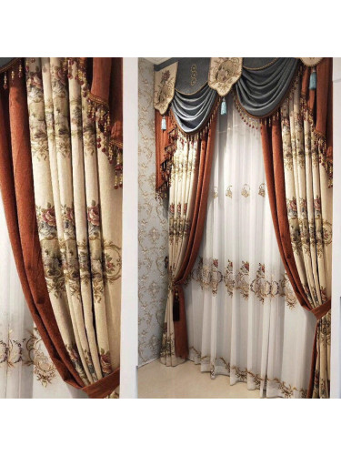 Twynam Beige Waterfall and Swag Valance and Sheers Custom Made Chenille Velvet Curtains Pair(Color: Beige)