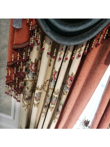 Twynam Beige Waterfall and Swag Valance and Sheers Custom Made Chenille Velvet Curtains Pair