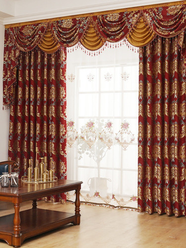 Twynam Beige Red Blue Waterfall and Swag Valance and Sheers Custom Made Chenille Velvet Curtains Pair