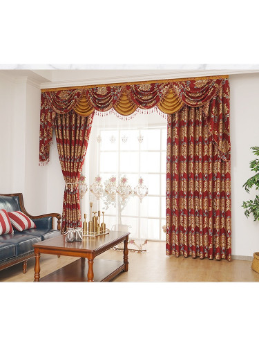 Twynam Beige Red Blue Waterfall and Swag Valance and Sheers Custom Made Chenille Velvet Curtains Pair