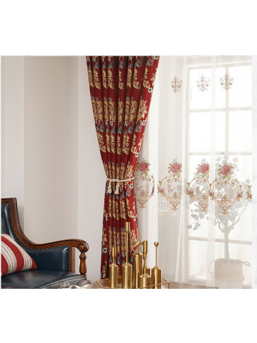 Twynam Beige Red Blue Waterfall and Swag Valance and Sheers Custom Made Chenille Velvet Curtains Pair