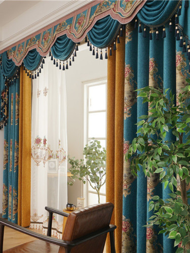 Twynam Sea Blue Waterfall and Swag Valance and Sheers Custom Made Chenille Velvet Curtains Pair