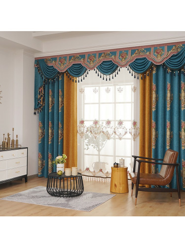 Twynam Sea Blue Waterfall and Swag Valance and Sheers Custom Made Chenille Velvet Curtains Pair(Color: Sea blue)