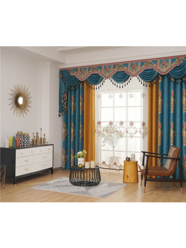 Twynam Sea Blue Waterfall and Swag Valance and Sheers Custom Made Chenille Velvet Curtains Pair