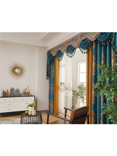 Twynam Sea Blue Waterfall and Swag Valance and Sheers Custom Made Chenille Velvet Curtains Pair