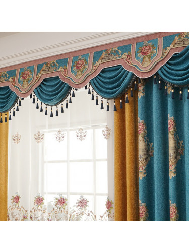 Twynam Sea Blue Waterfall and Swag Valance and Sheers Custom Made Chenille Velvet Curtains Pair