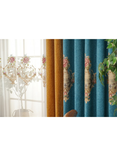 Twynam Sea Blue Waterfall and Swag Valance and Sheers Custom Made Chenille Velvet Curtains Pair