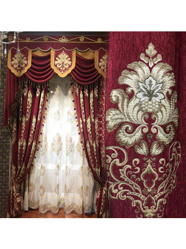 On sales Twynam Red Waterfall and Swag Valance and Sheers Custom Made Chenille Velvet Curtains Pair(Color: Red)