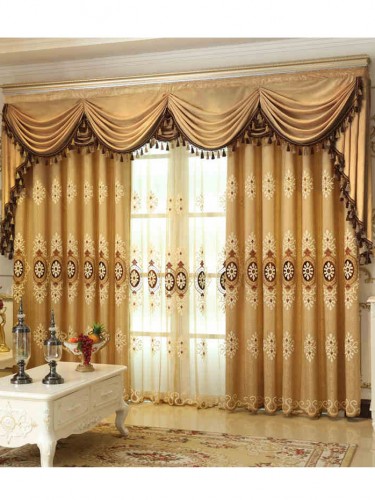 Embroidered European style Purple Brown Blue color Floral Waterfall and Swag Valance and Sheers and Custom made Curtains Pair(Color: Brown)