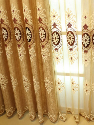 Embroidered European style Purple Brown Blue color Floral Waterfall and Swag Valance and Sheers and Custom made Curtains Pair in Brown Color