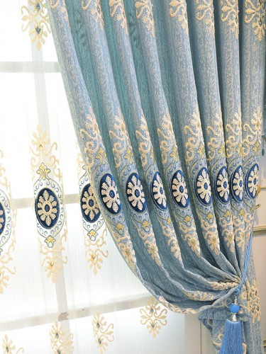 Embroidered European style Purple Brown Blue color Floral Waterfall and Swag Valance and Sheers and Custom made Curtains Pair in Blue Color