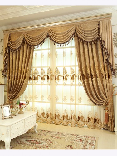 Baltic Embroidered Brown Beige color Floral Waterfall and Swag Valance and Sheers and Chenille Velvet Curtains Pair(Color: Brown)