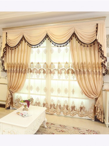 Baltic Embroidered Brown Beige color Floral Waterfall and Swag Valance and Sheers and Chenille Velvet Curtains Pair(Color: Beige)